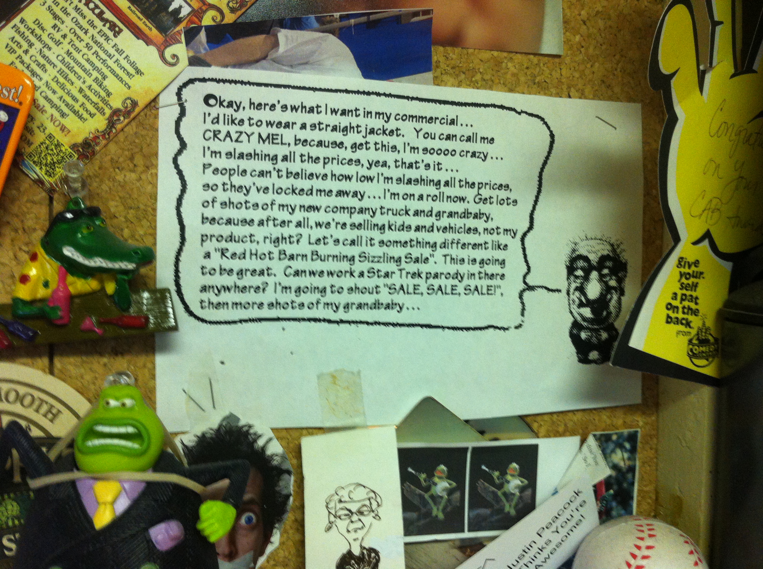 The original Crazy Mel concept pinned to Chris Fleck's creative bulletin board